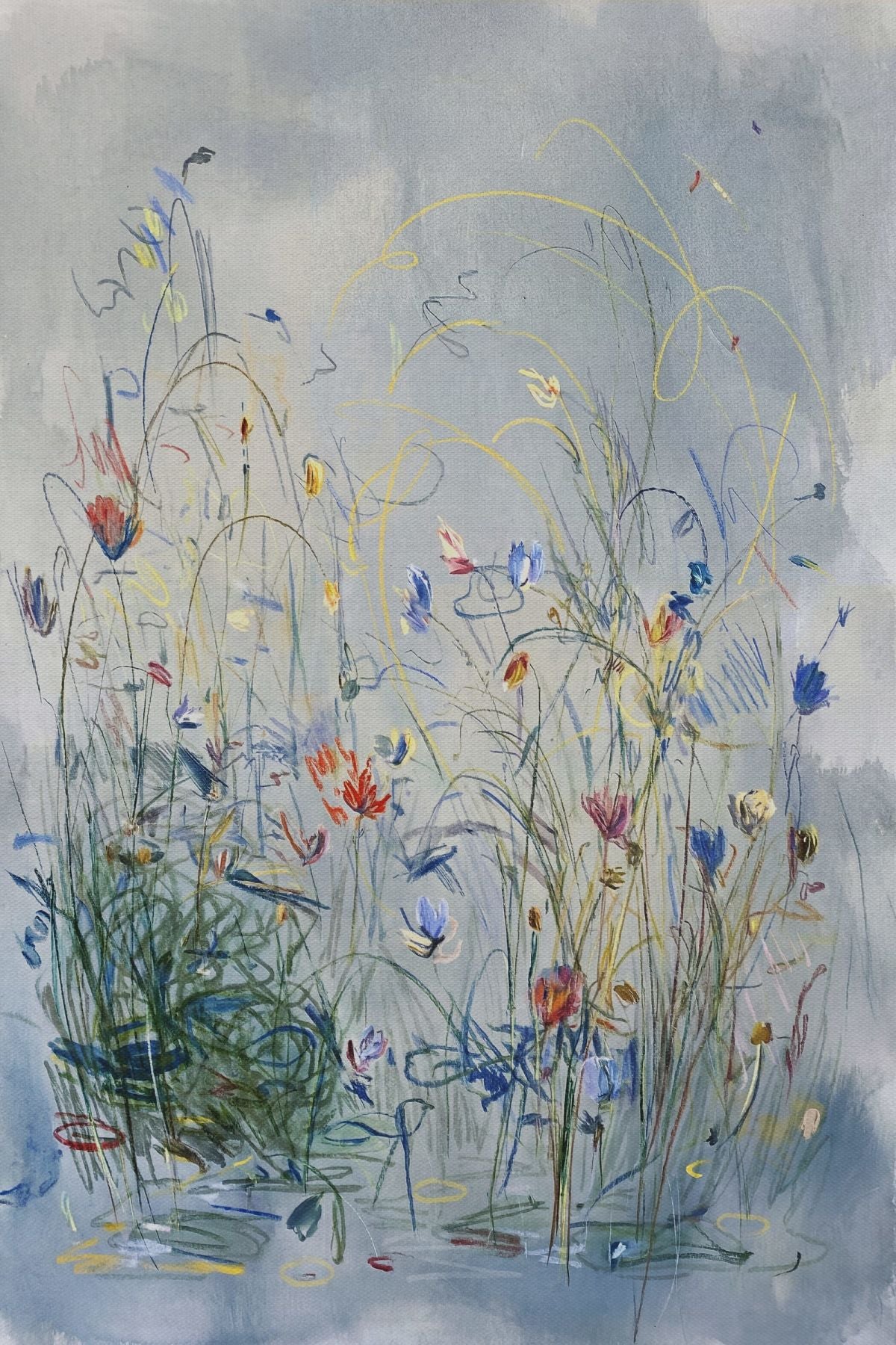 Loose Wildflower Meadow Painting on Blue-Gray Ground