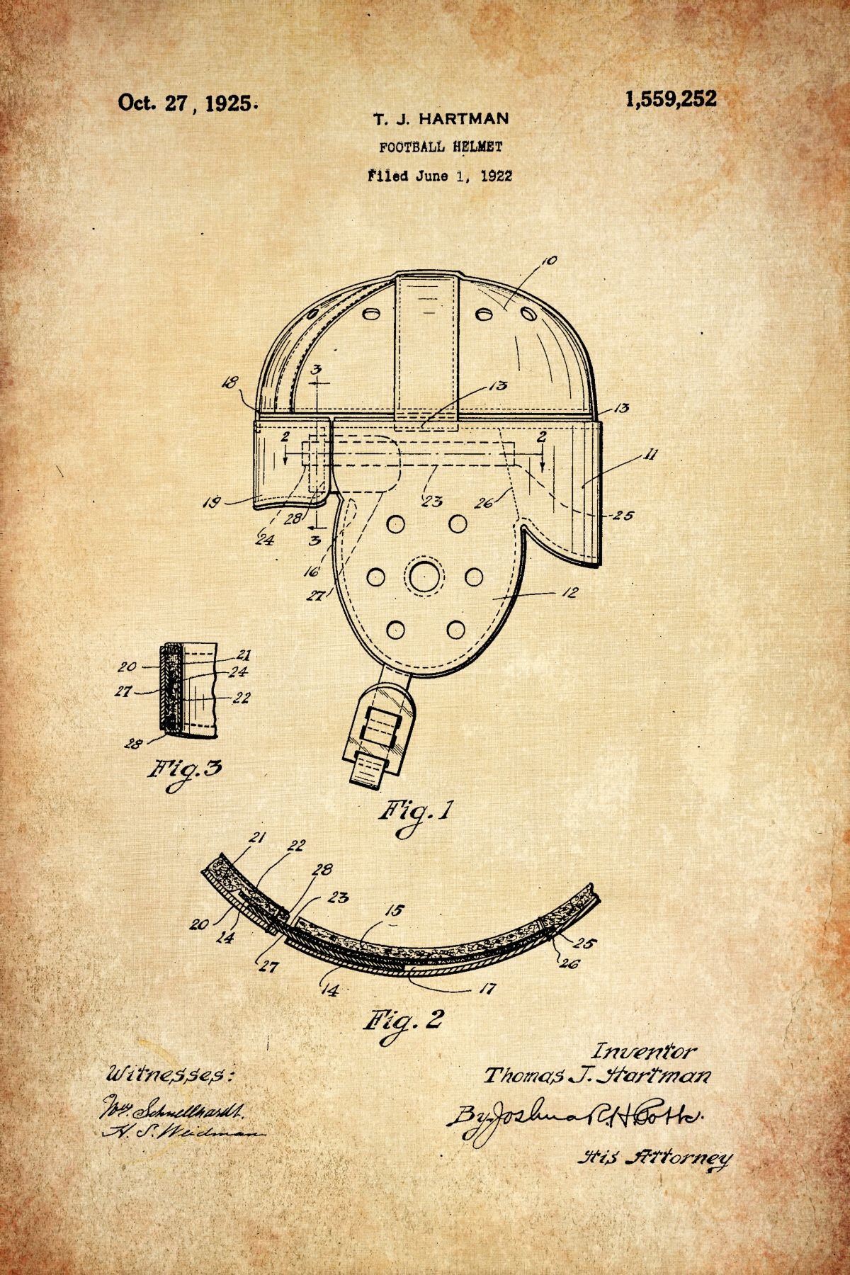Football Helmet 1922 Vintage Patent