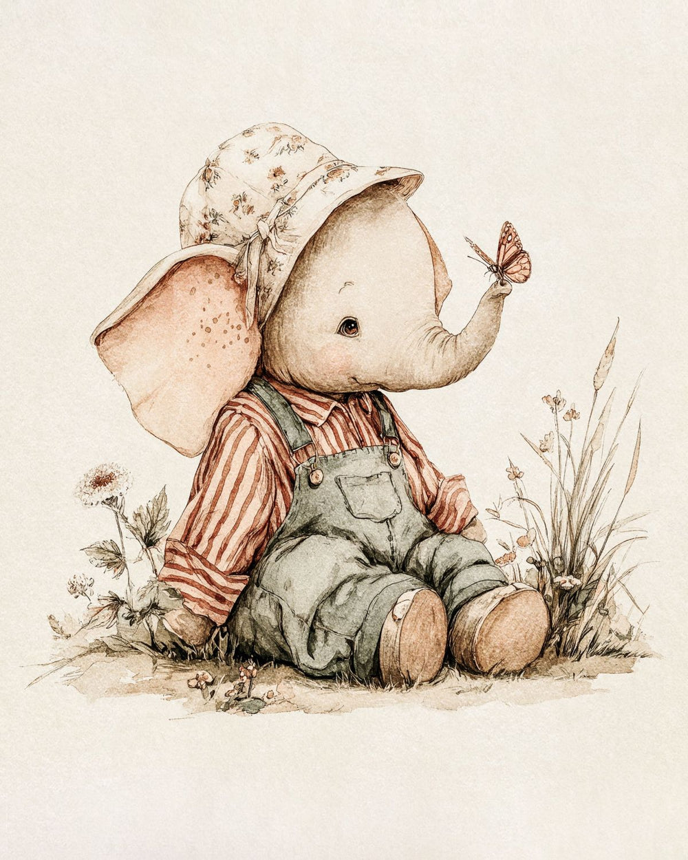 Baby Elephant with Butterfly Watercolor Art