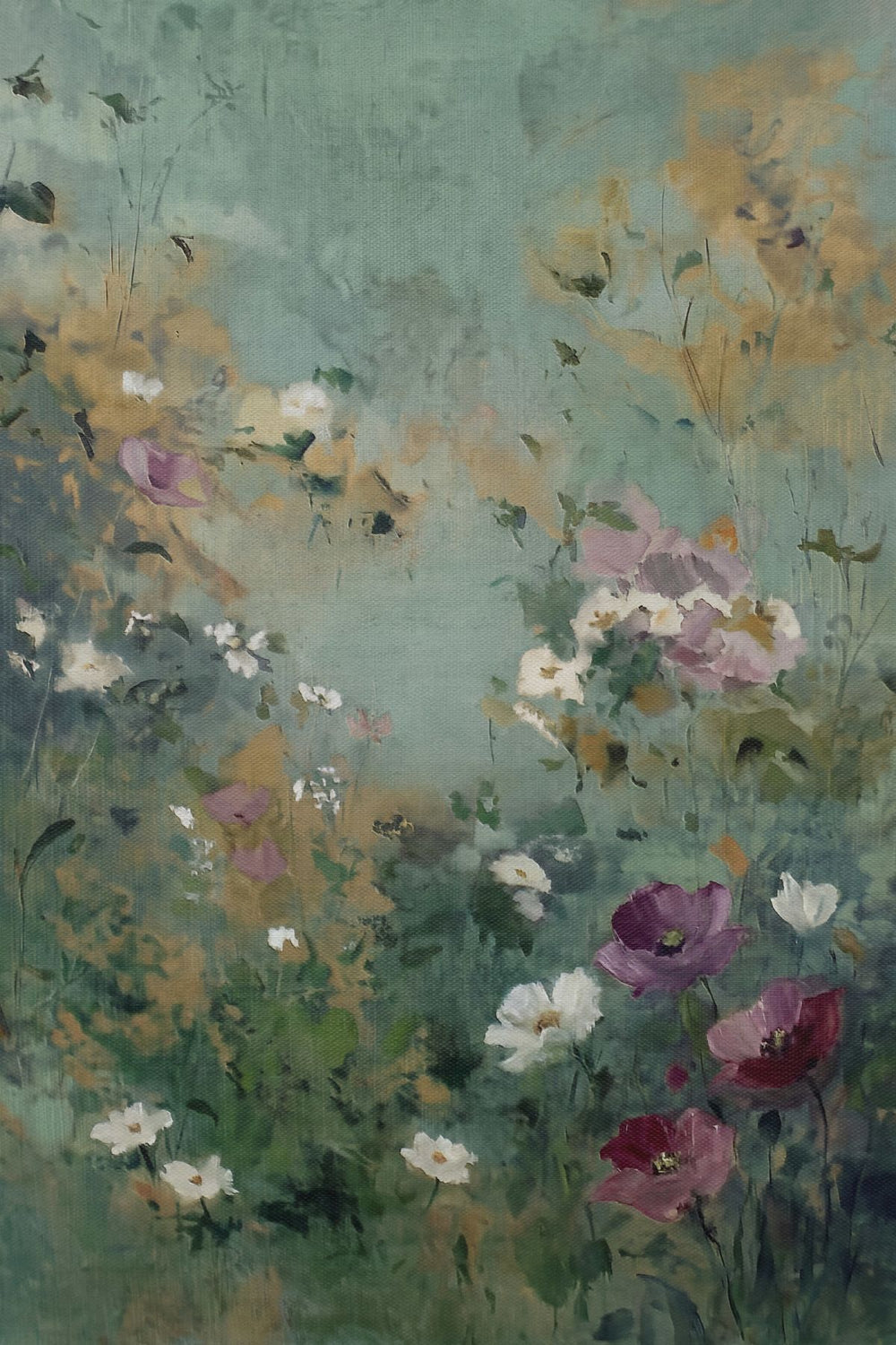 Impressionist Wildflower Garden in Teal and Green