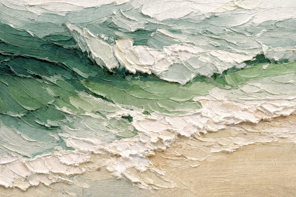 Teal Green Ocean Waves and Sandy Shore Painting