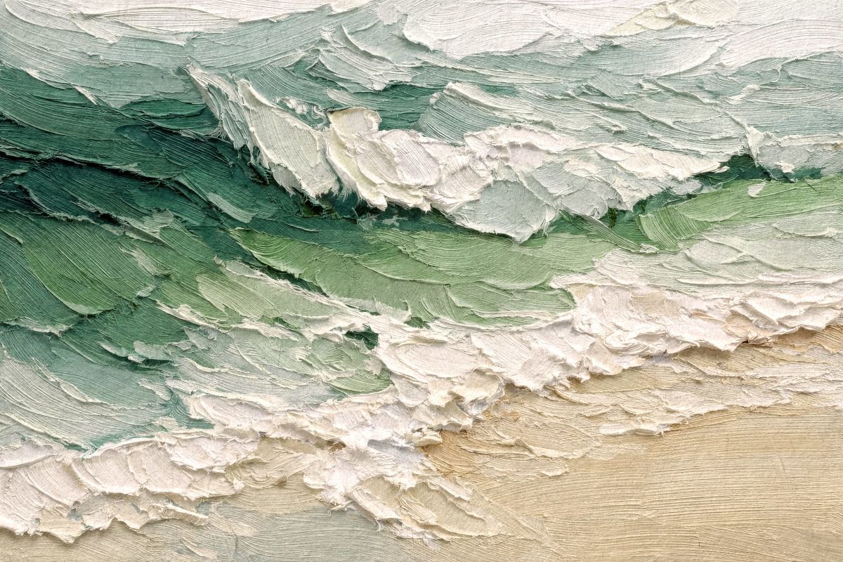 Teal Green Ocean Waves and Sandy Shore Painting