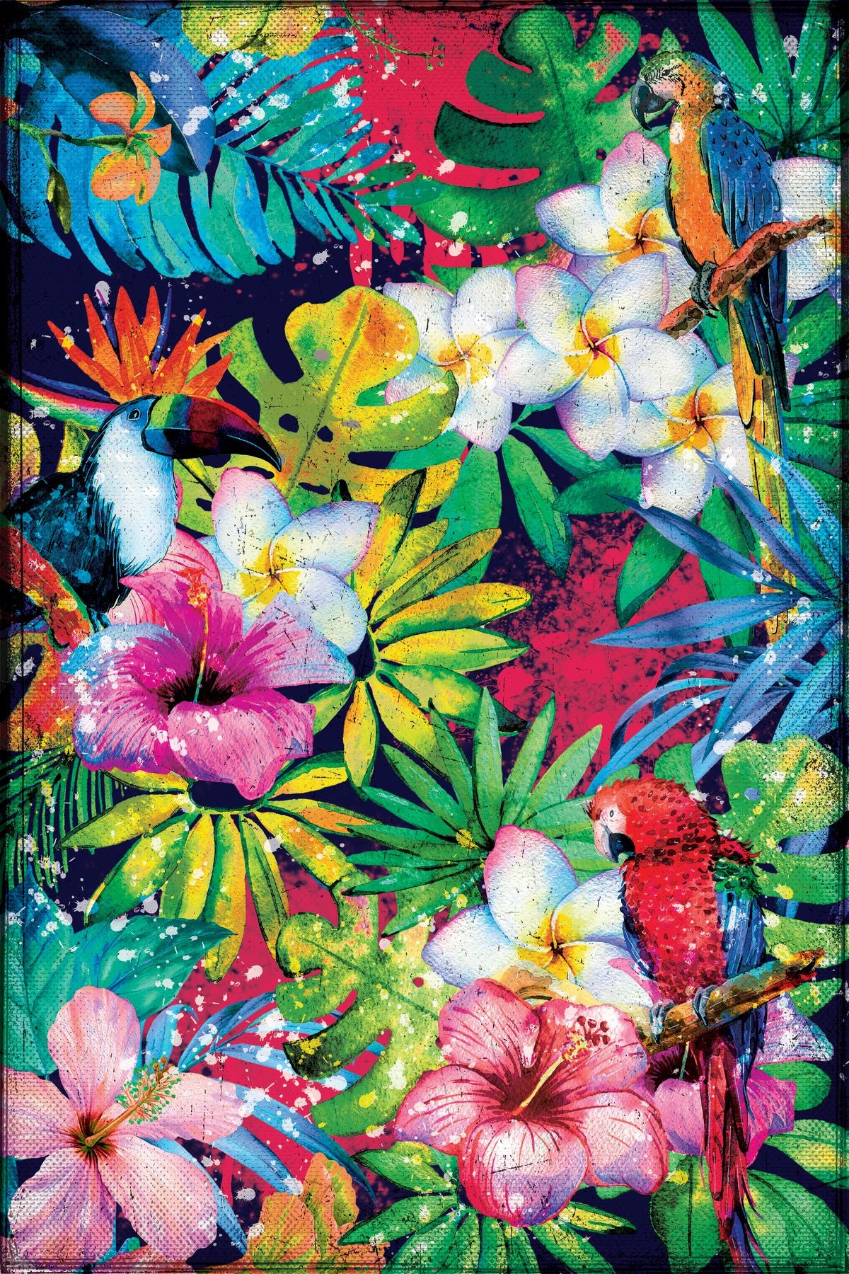 Tropical Flowers And Parrots