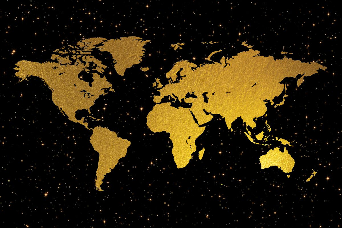 Gold On Black World Map