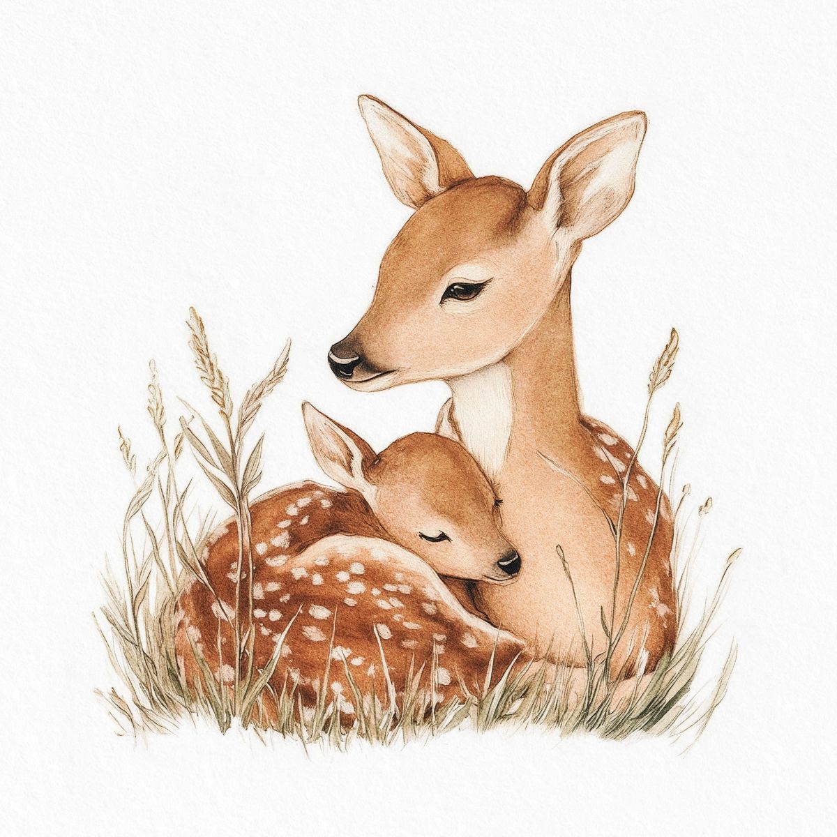 Doe and Fawn Resting in the Grass