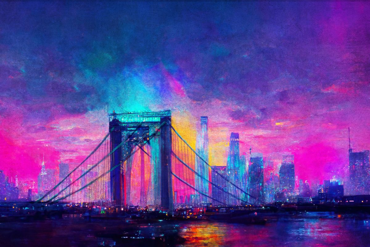 Manhattan Bridge Neon Skyline