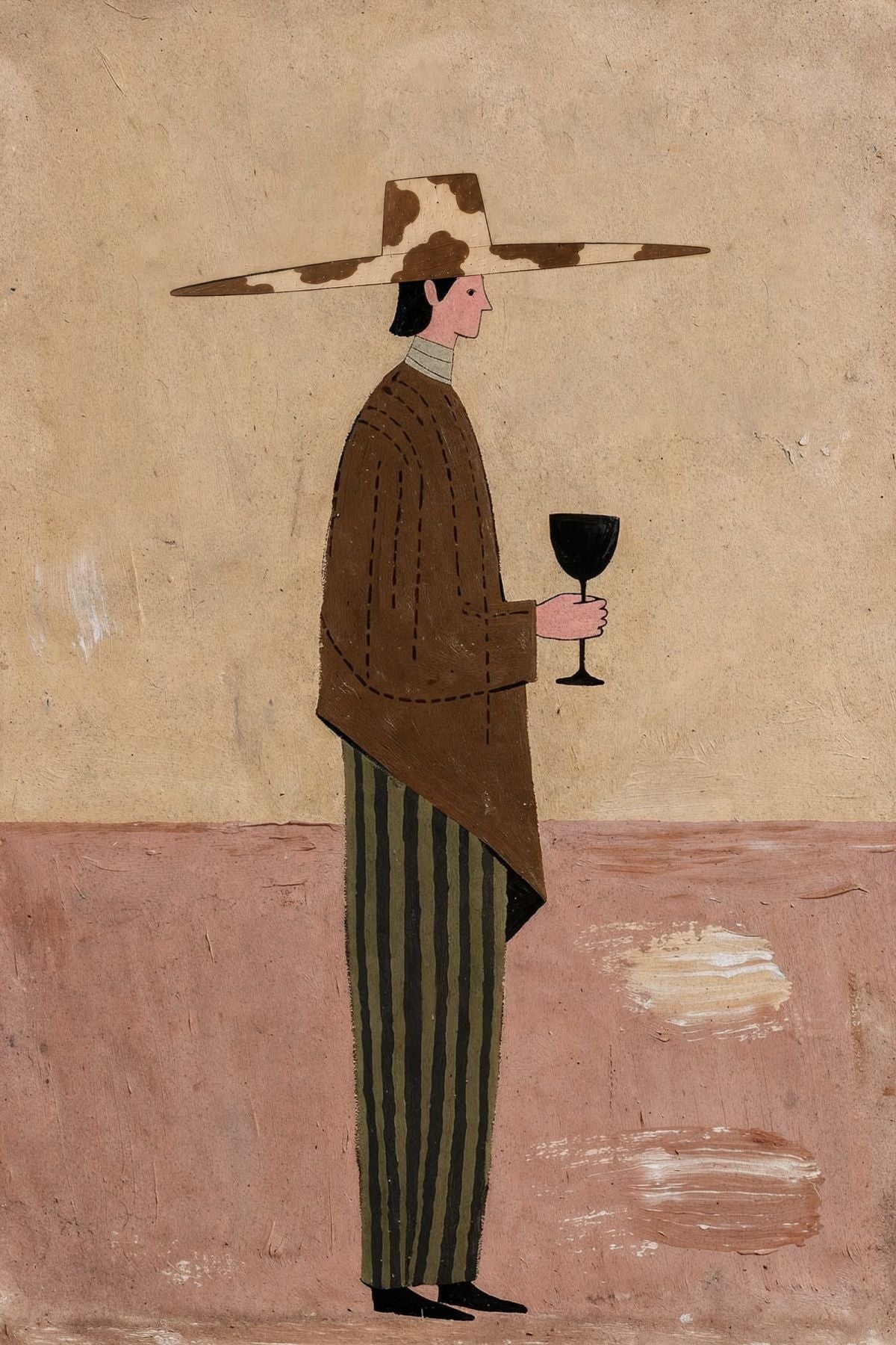 Elegant Figure with Wide-Brim Hat and Wine