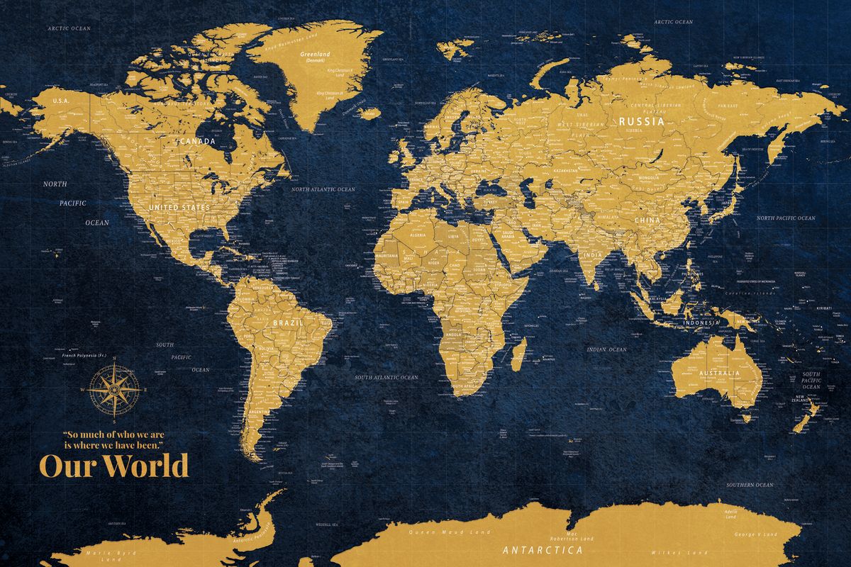 Push Pin World Map - Gold