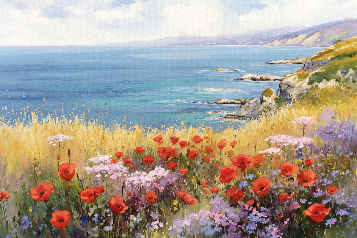 Red Poppies Along a Sunlit Coastline
