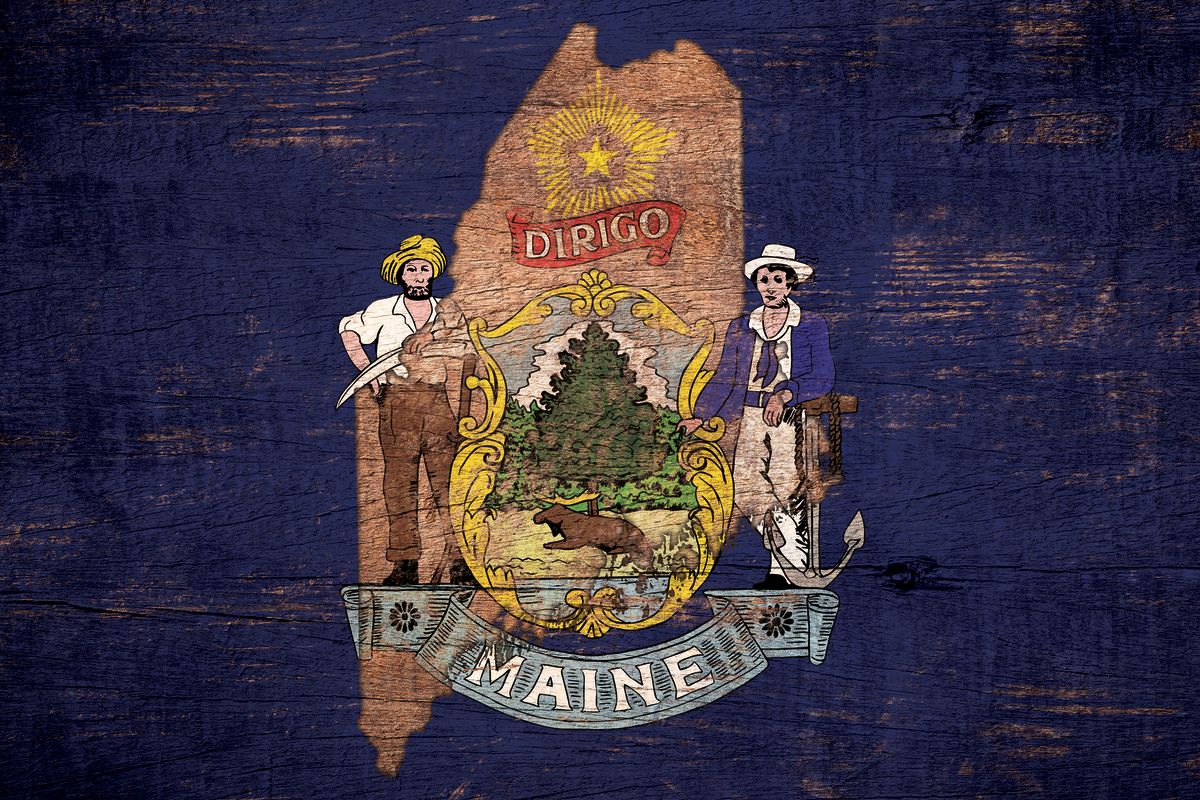 State Map Over Maine Flag