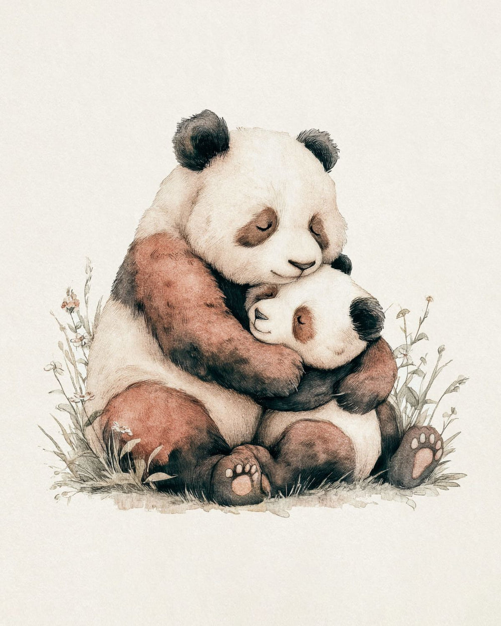 Mother and Baby Panda Hug Watercolor Art