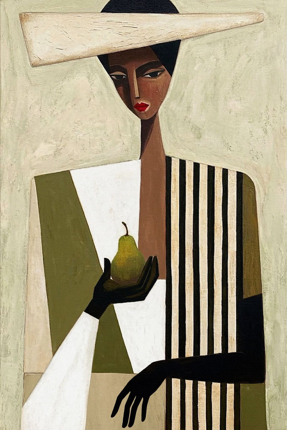 Elegant Woman with Hat Holding Pear