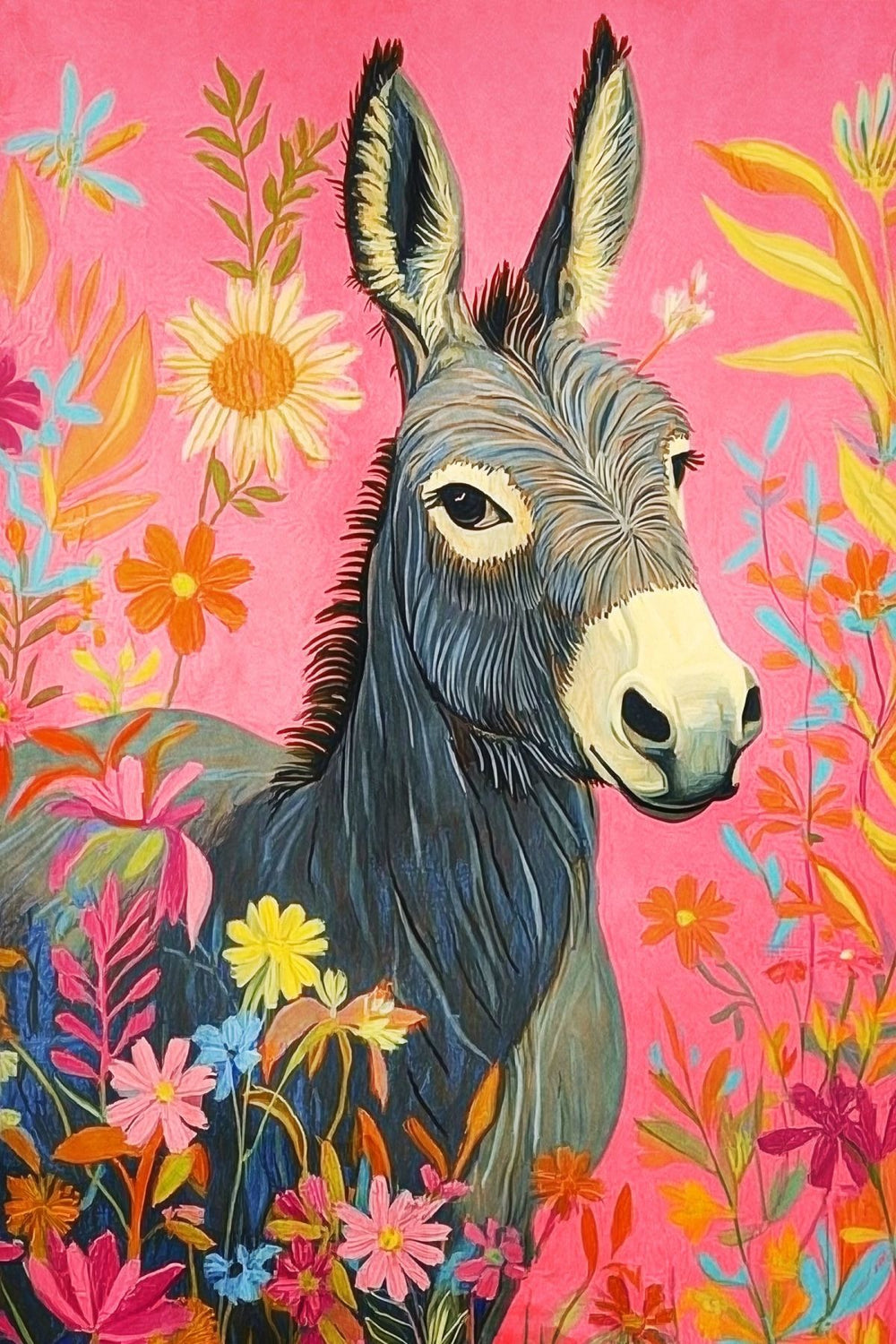 Donkey Surrounded By Flowers