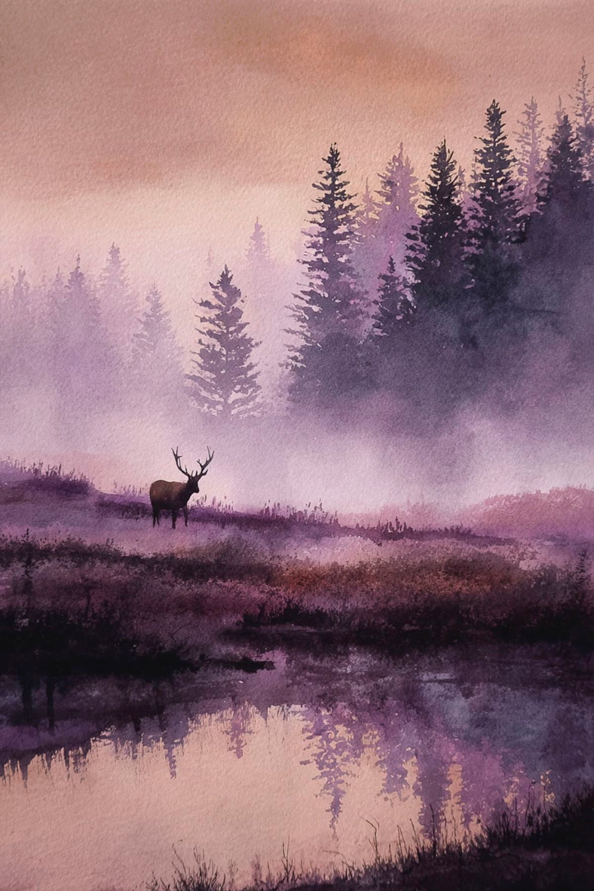 Deer in a Misty Purple Forest