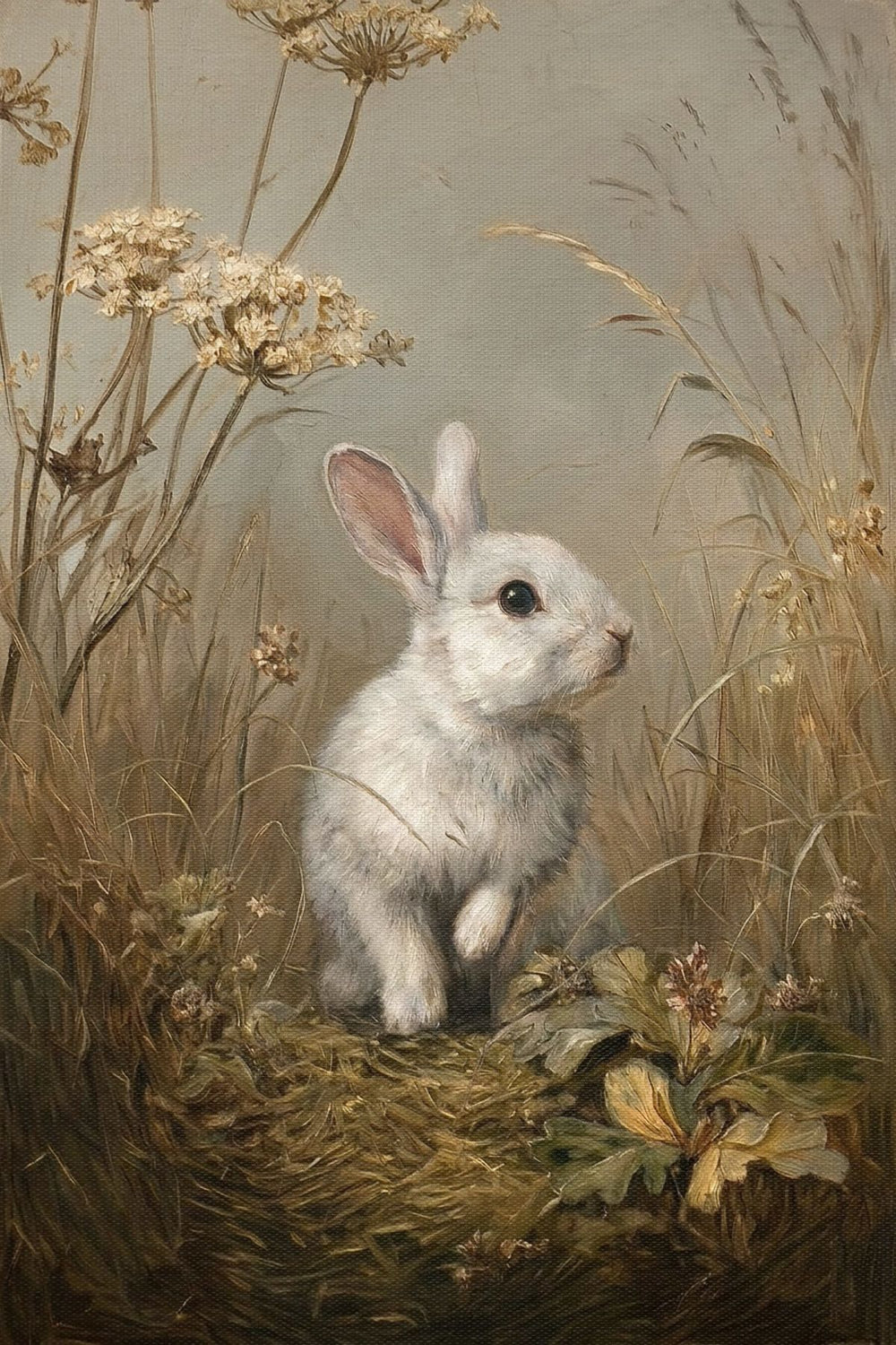 Vintage Style White Rabbit in Meadow Painting