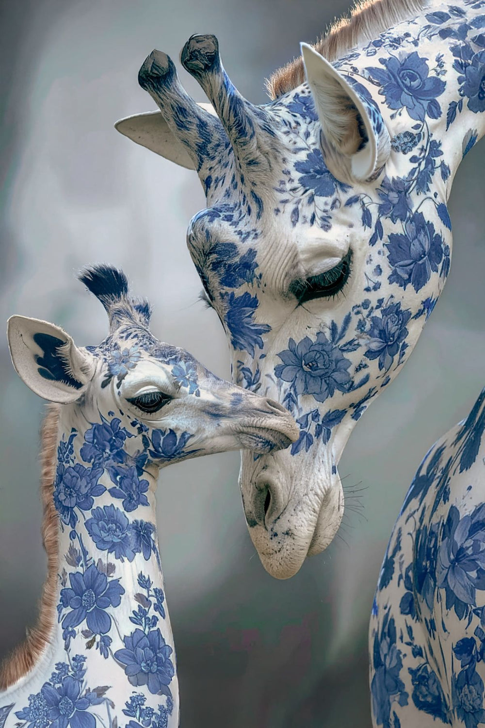 Bloom-Inked Mother And Baby Giraffe
