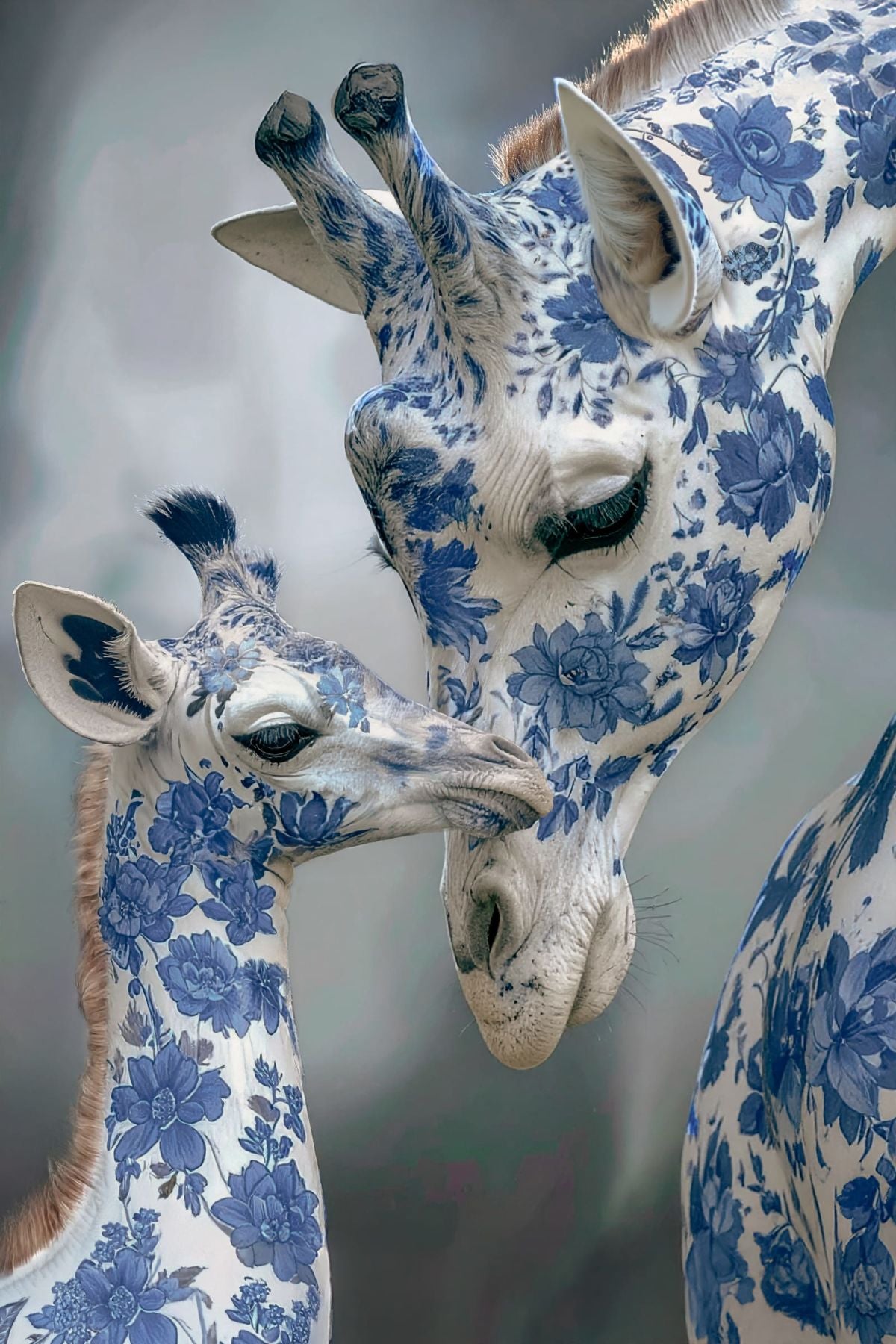 Bloom-Inked Mother And Baby Giraffe