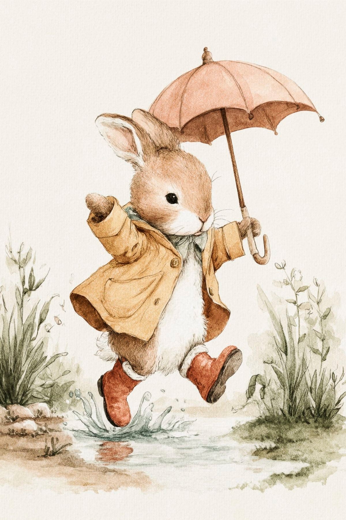 Whimsical Rabbit Splashing in Puddles Watercolor Art