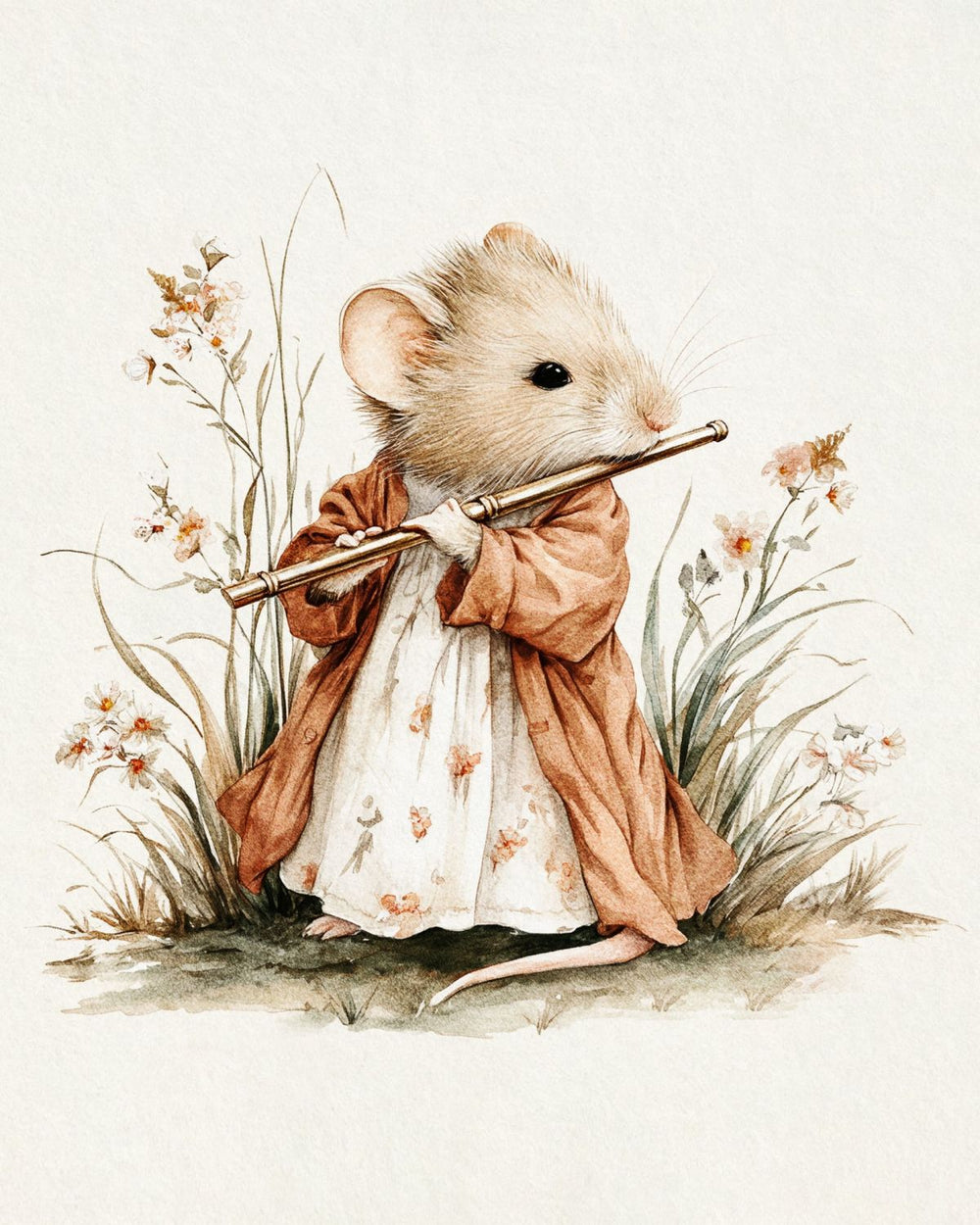 Little Mouse Playing Flute in the Garden