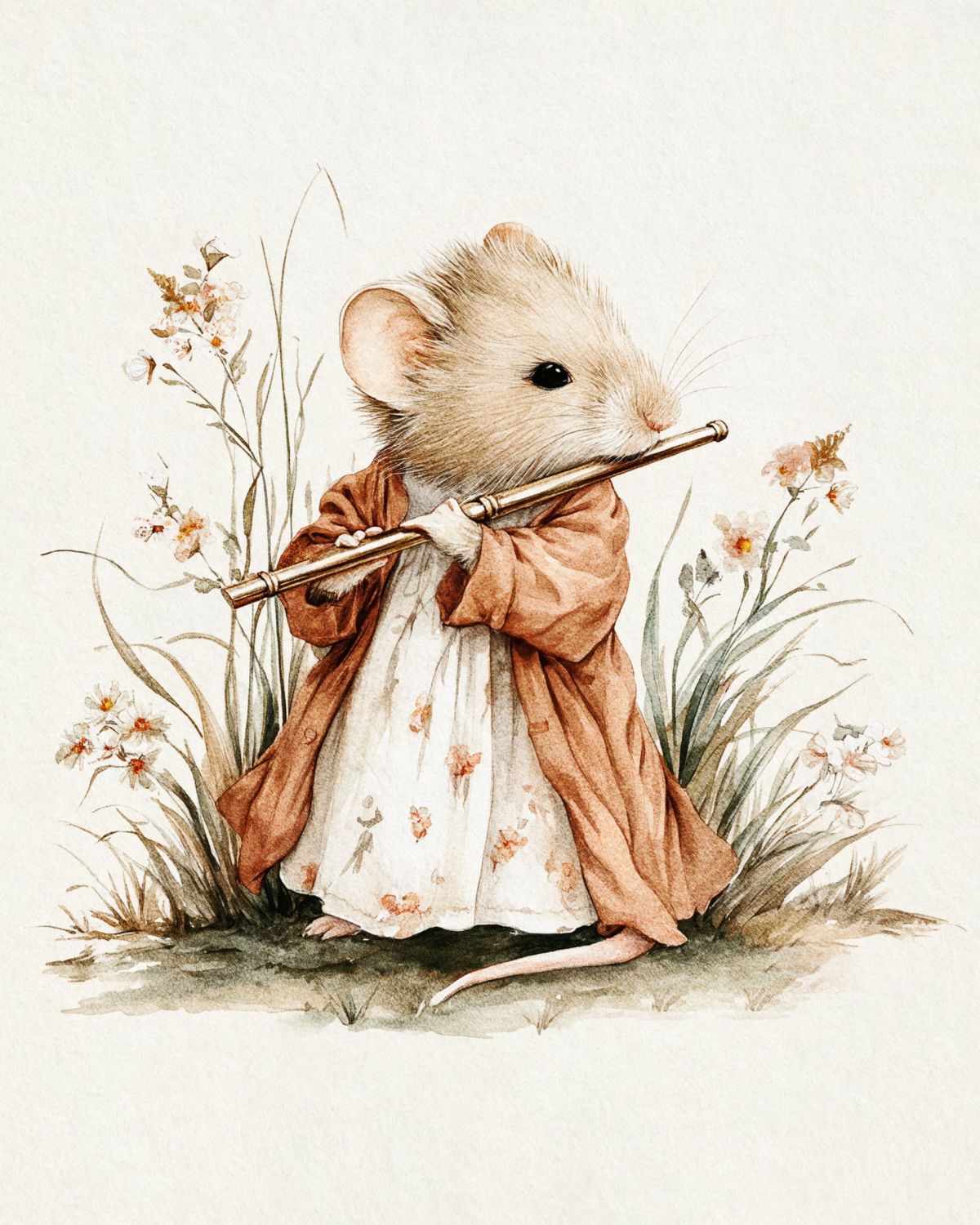 Little Mouse Playing Flute in the Garden