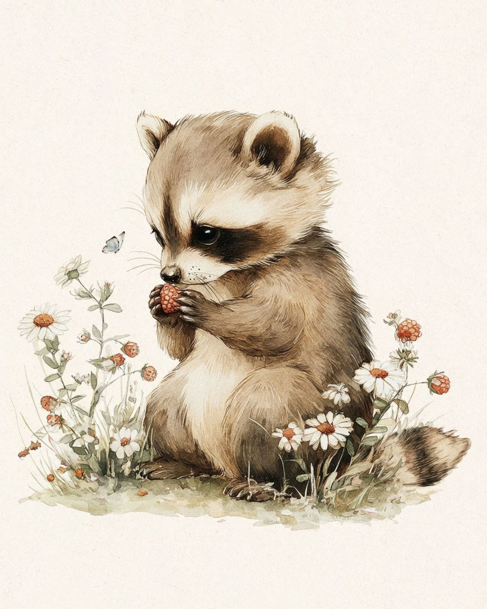 Sweet Raccoon Nibbling Berries