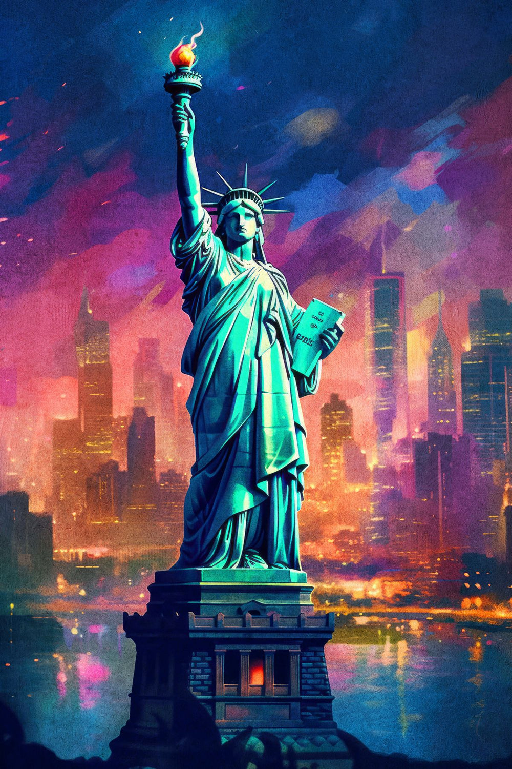 Statue Of Liberty Neon Skyline