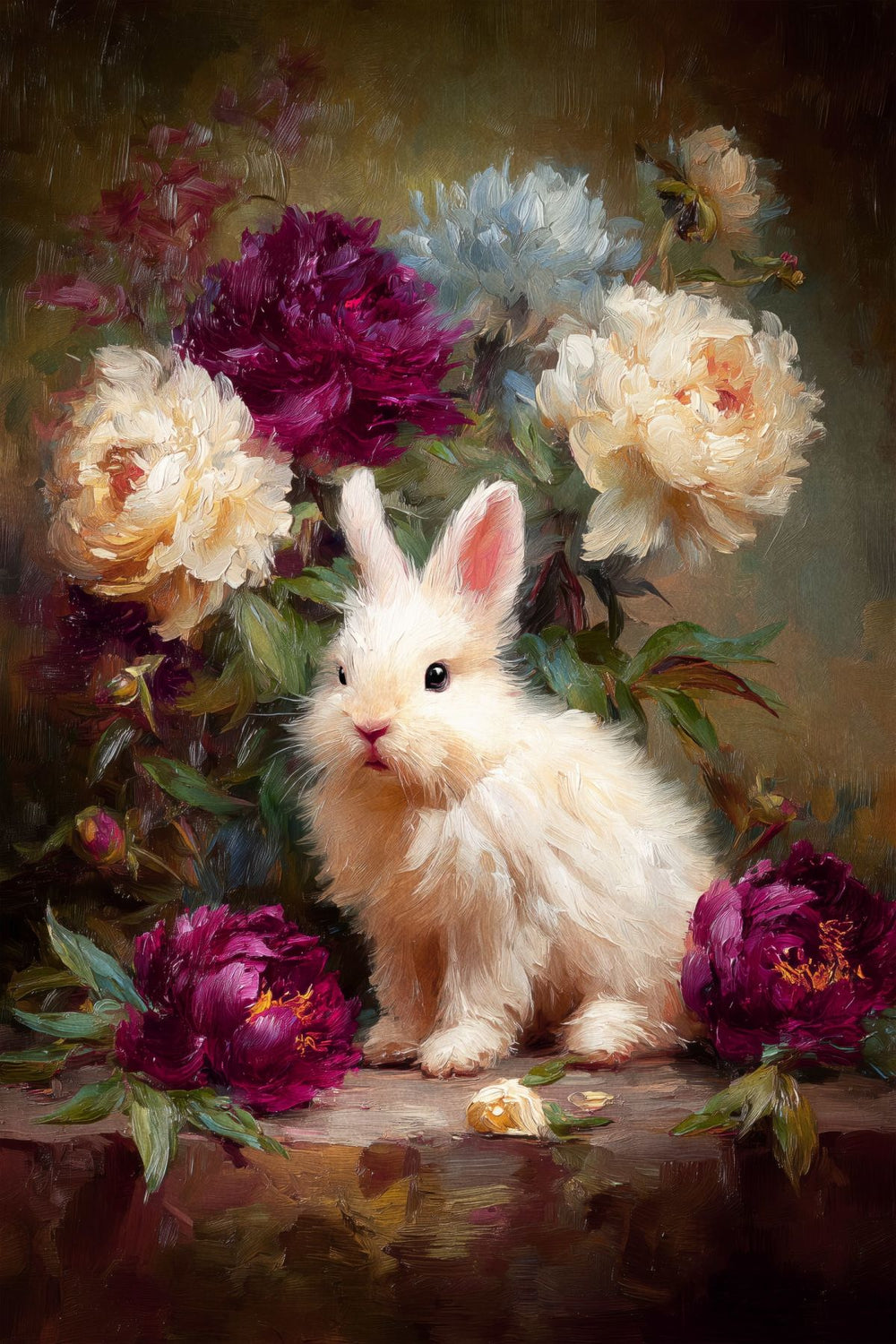Fluffy Bunny with White and Purple Peonies