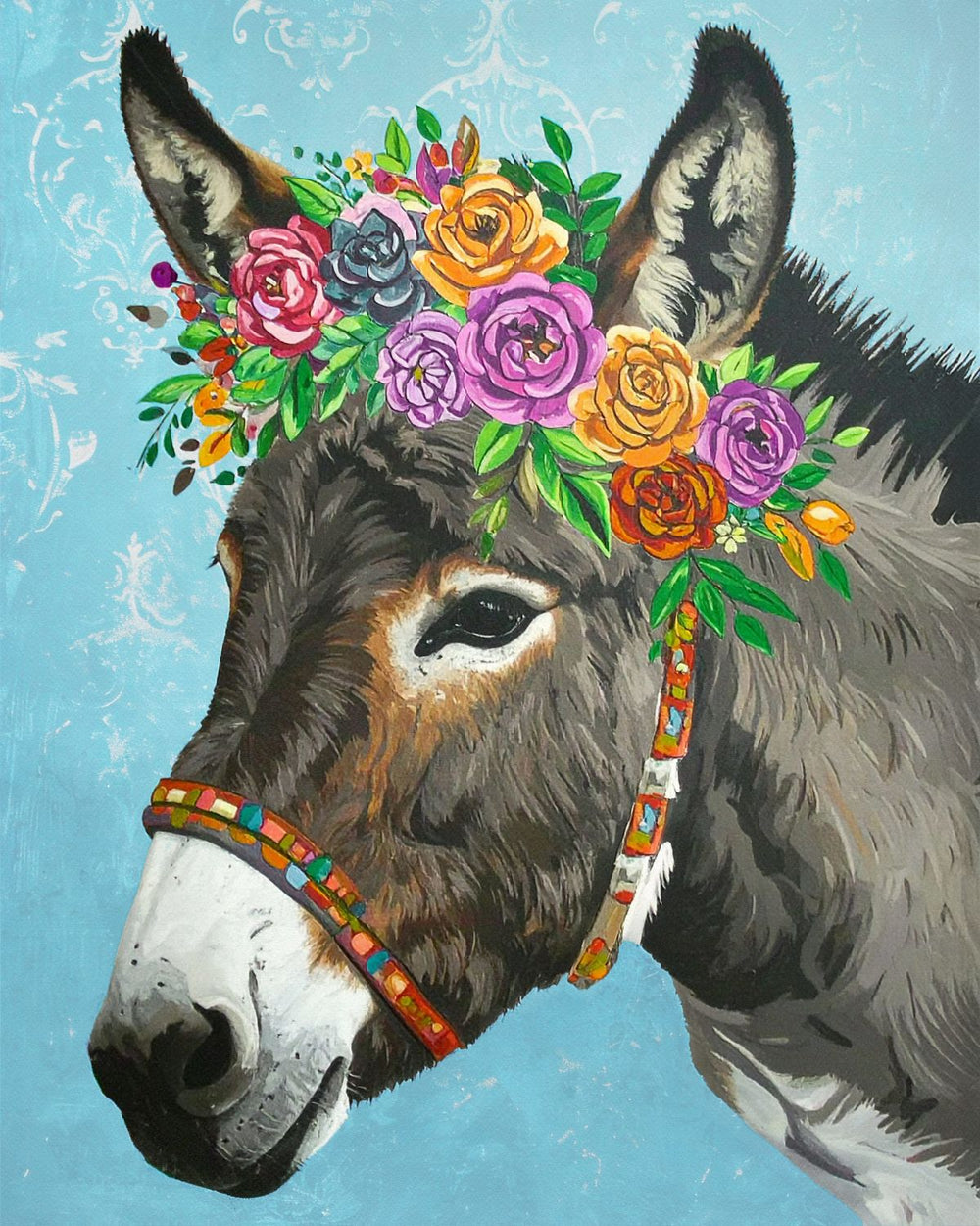 Donkey In Floral Bridle