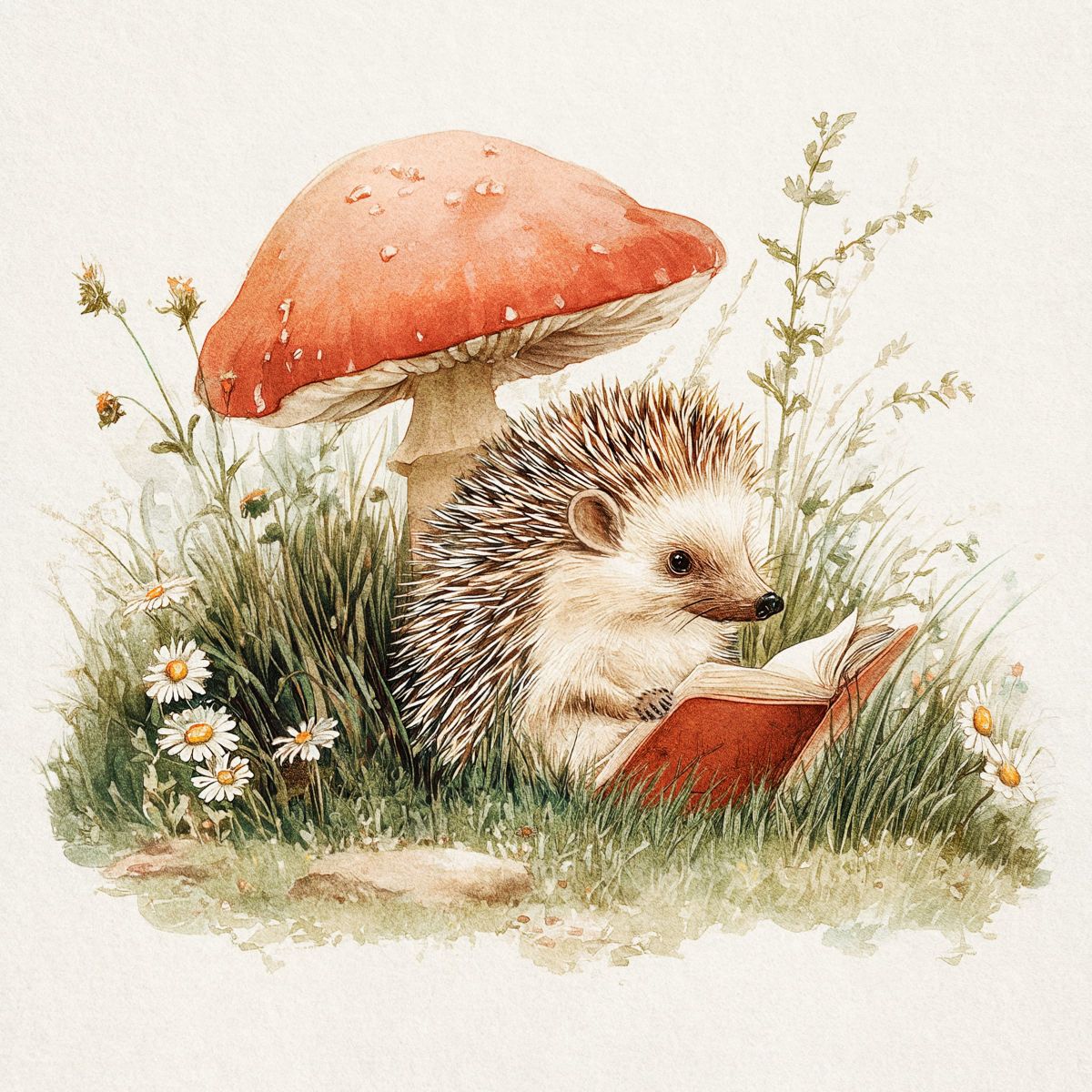 Hedgehog Reading Under a Red Mushroom