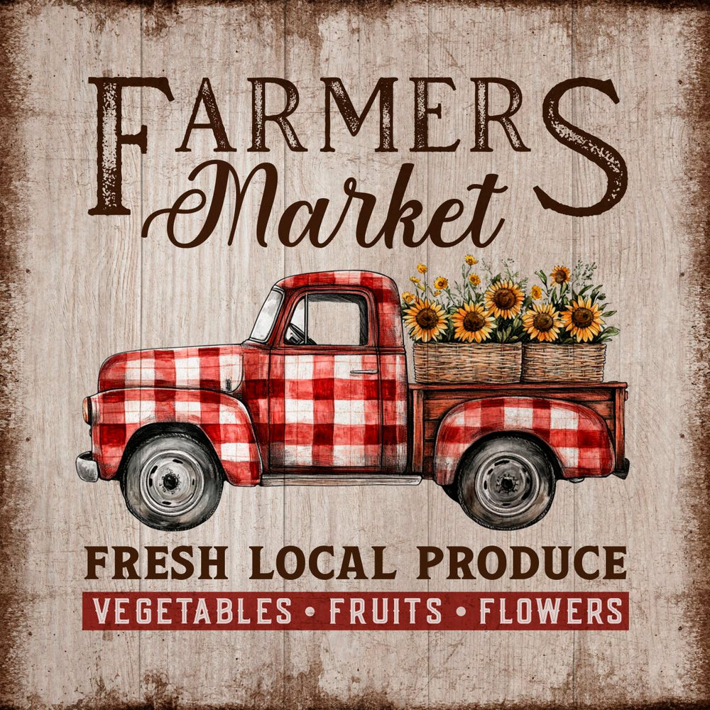 Farmers Market With Red Plaid Truck Sign