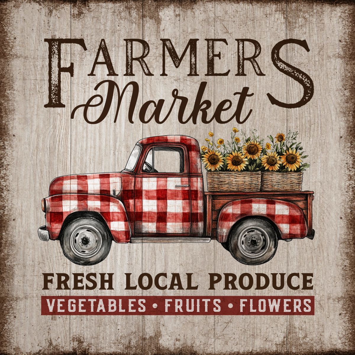 Farmers Market With Red Plaid Truck Sign