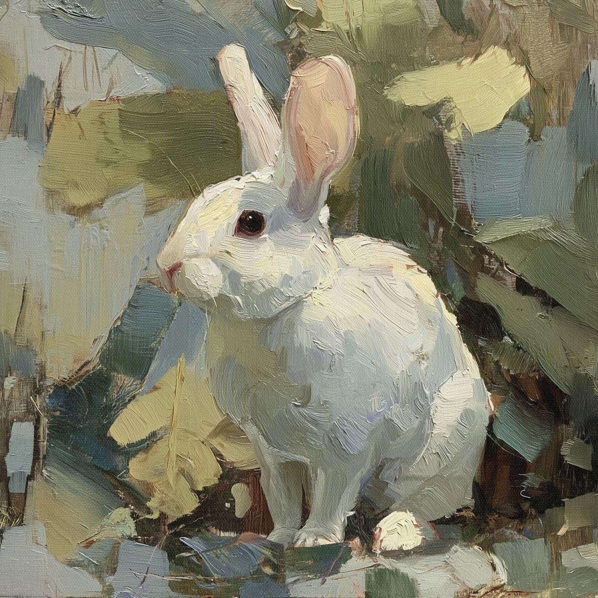 White Rabbit in Green Foliage Painting