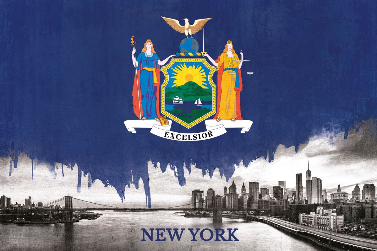 New York Flag Over Brooklyn Bridge