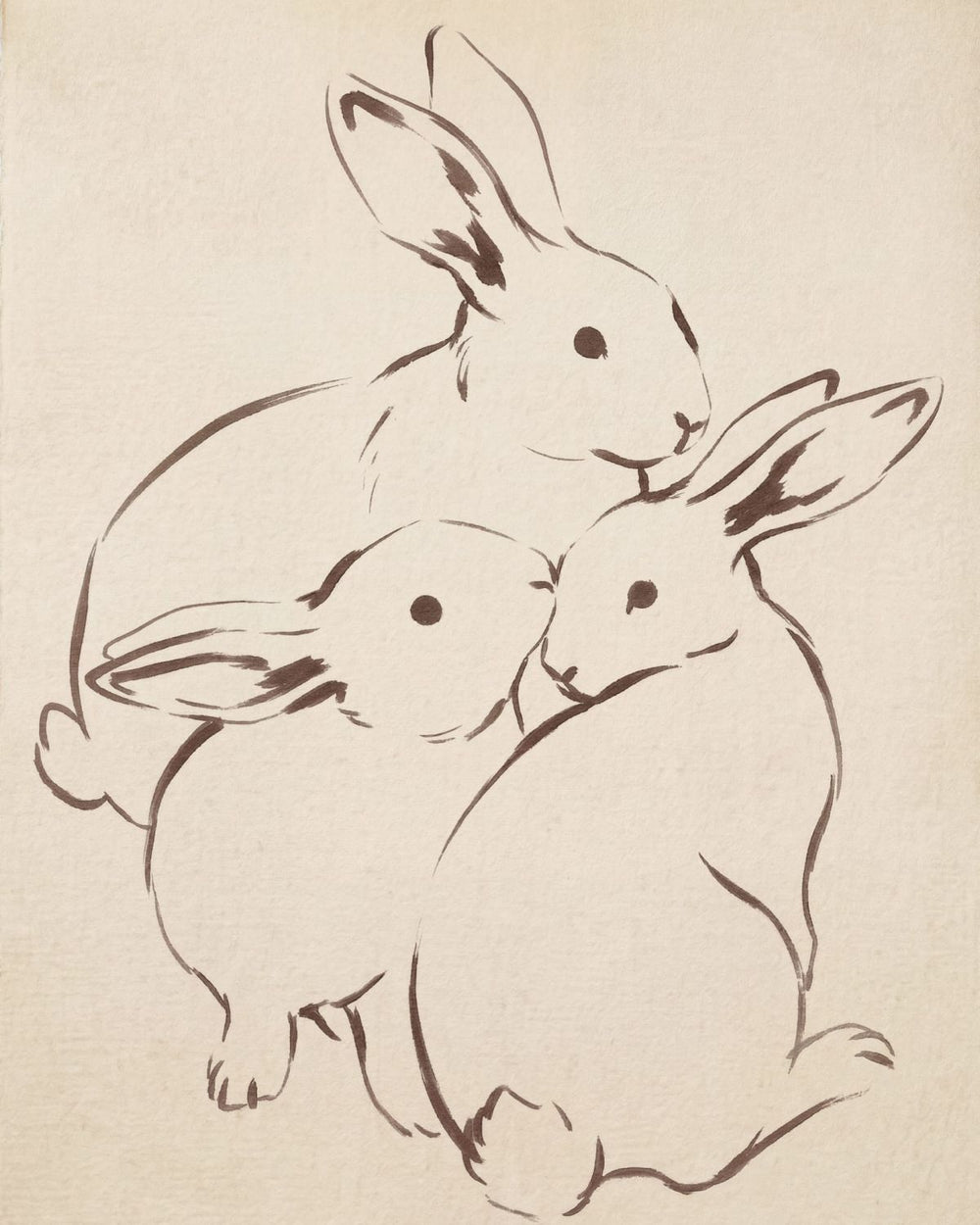 Three Bunnies Huddled Ink Drawing