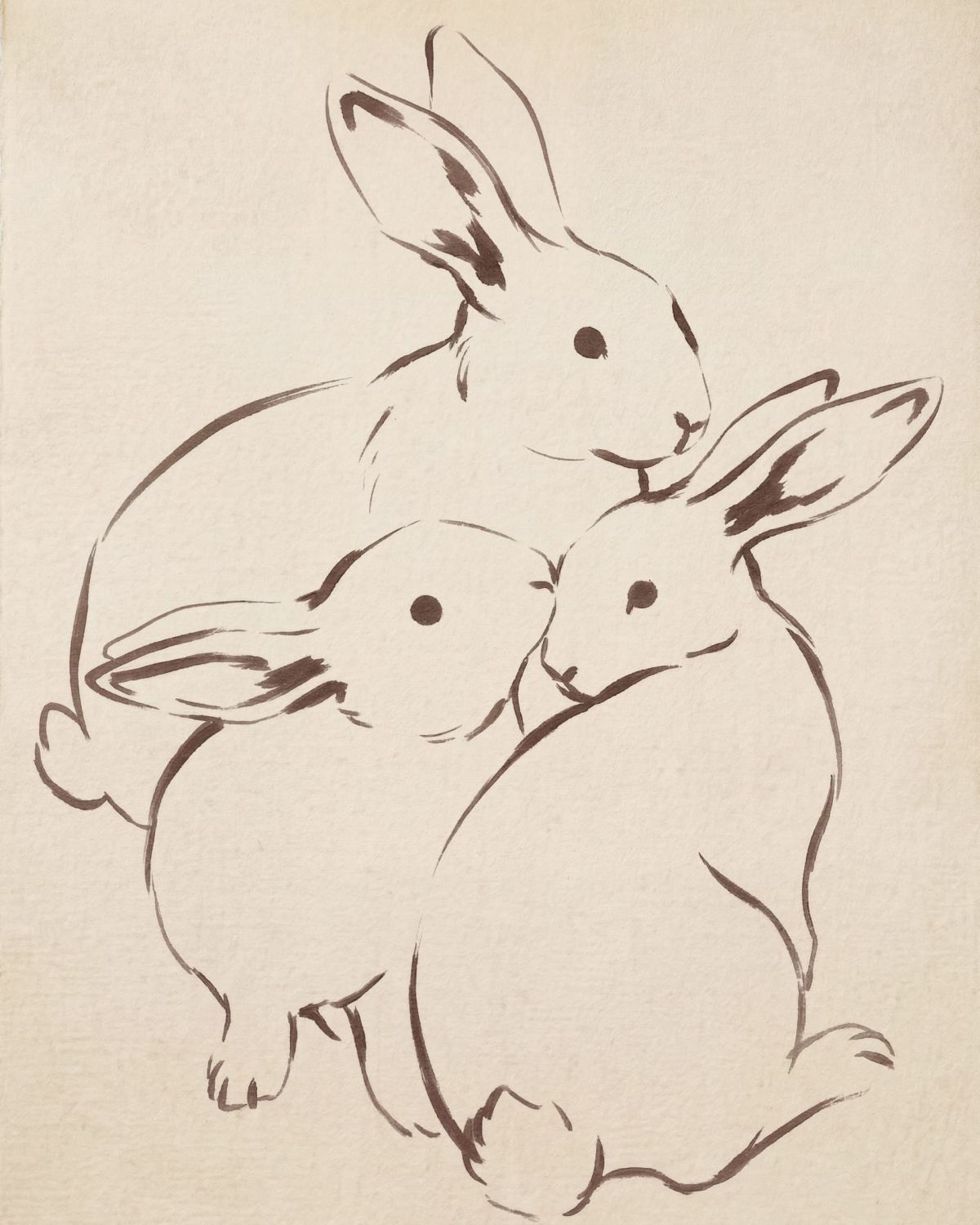 Three Bunnies Huddled Ink Drawing