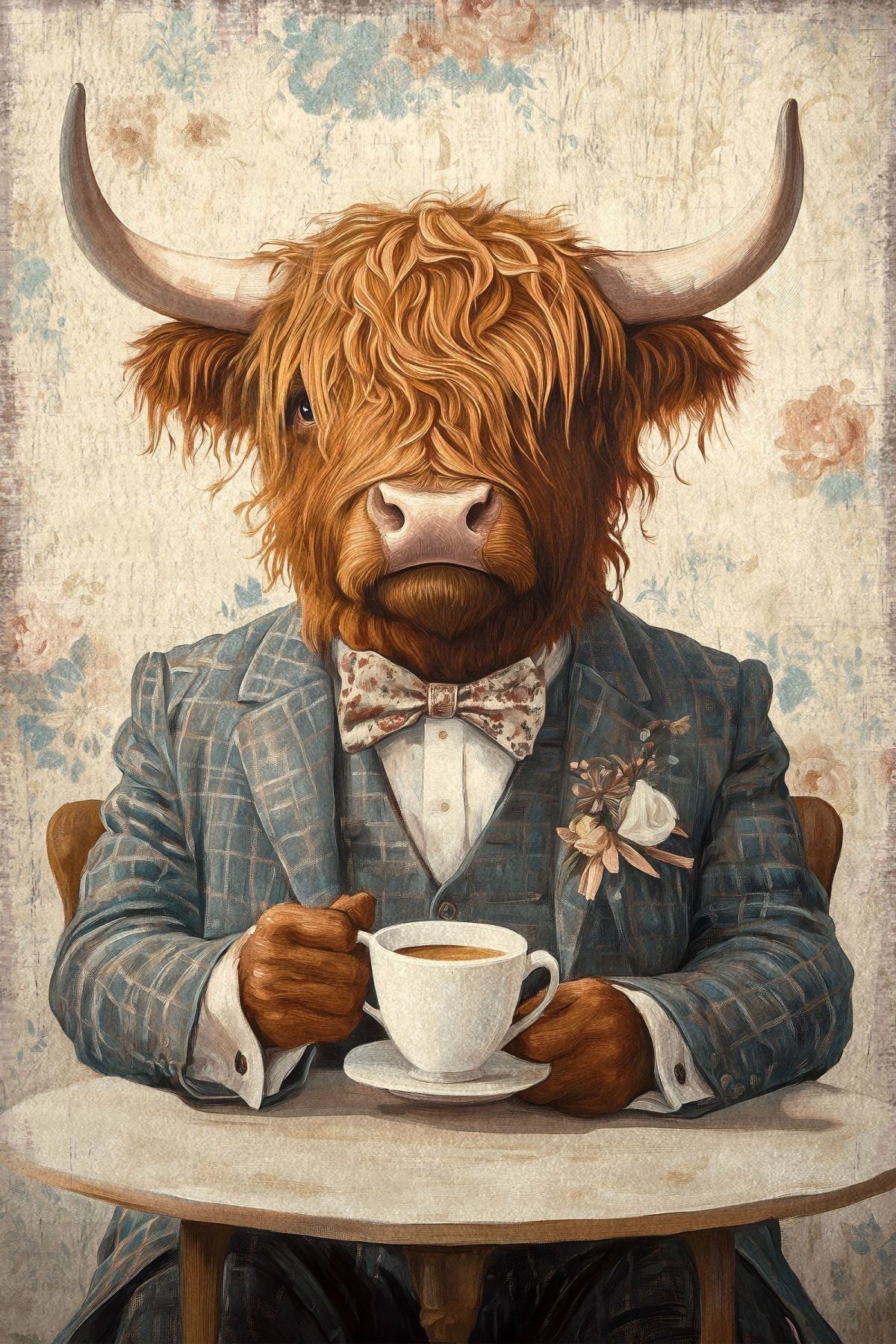 Highland Cow Drinking Coffee