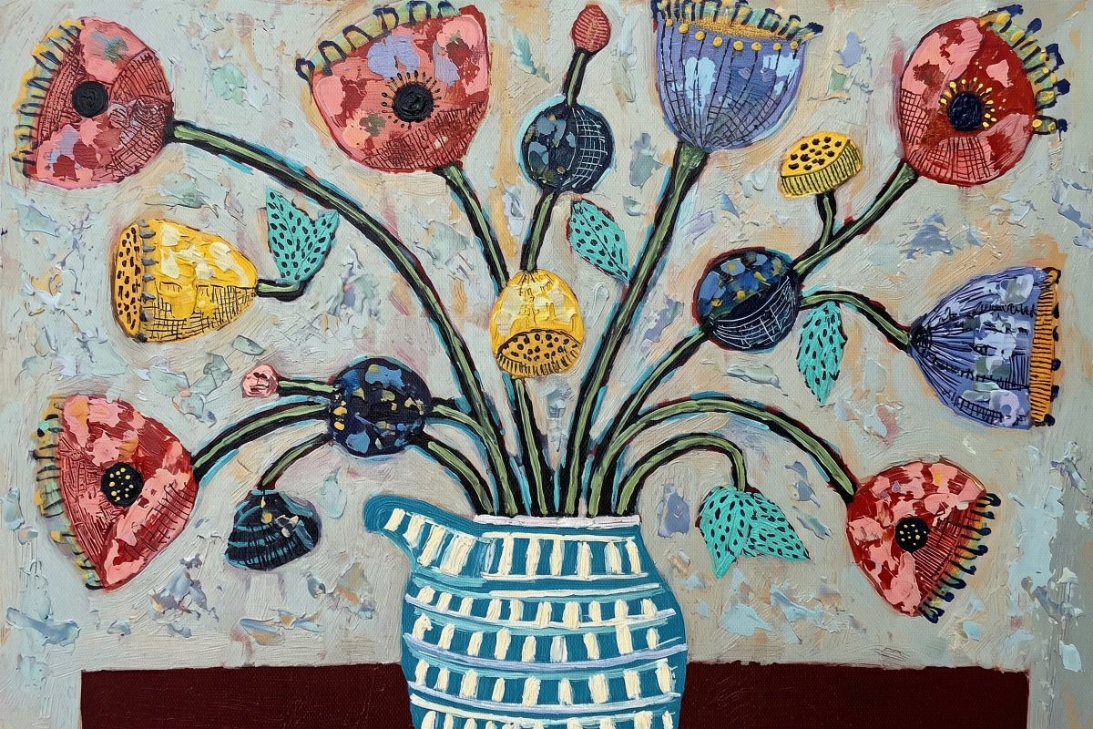 Colorful Poppies in Striped Vase