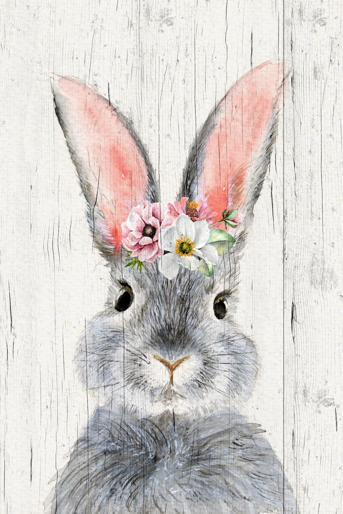 Floral Bunny On Wood
