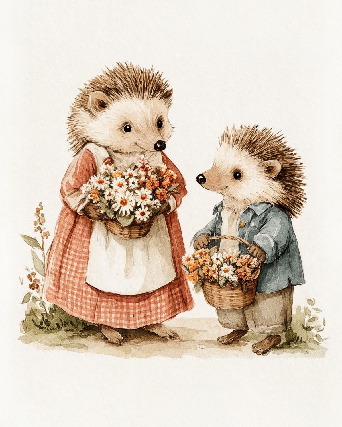 Hedgehog Pair with Flower Baskets