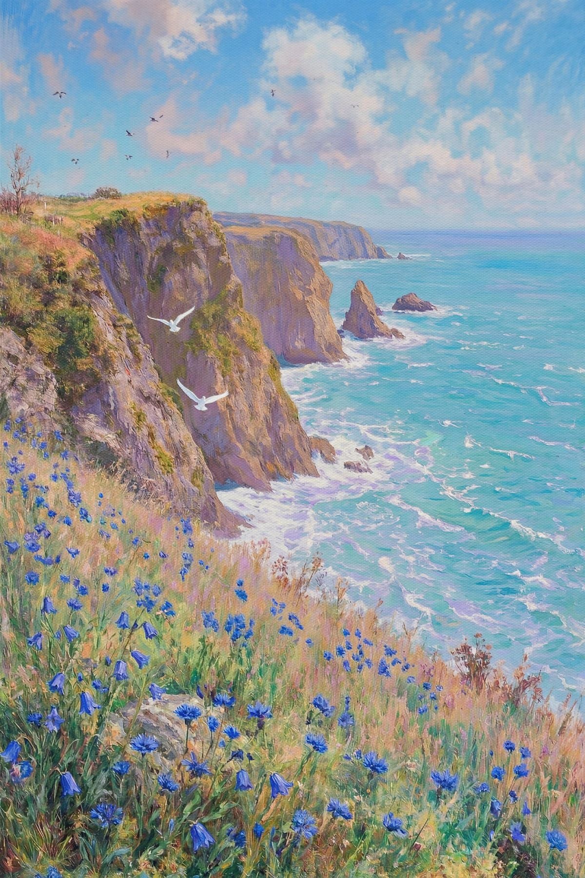Clifftop Blue Wildflowers with Seabirds