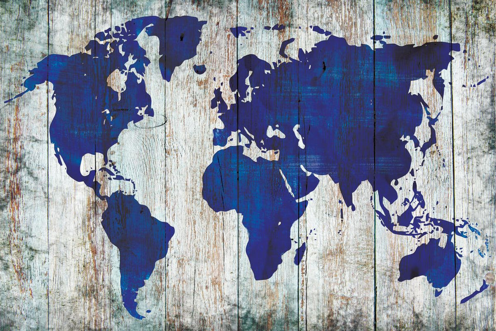 Blue World Map On Wood