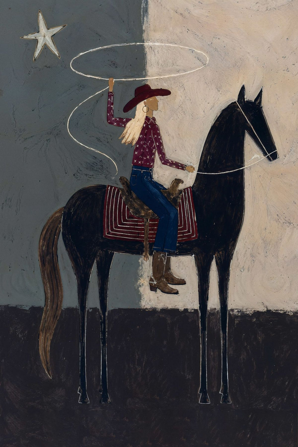 Cowgirl with Lasso on Horseback