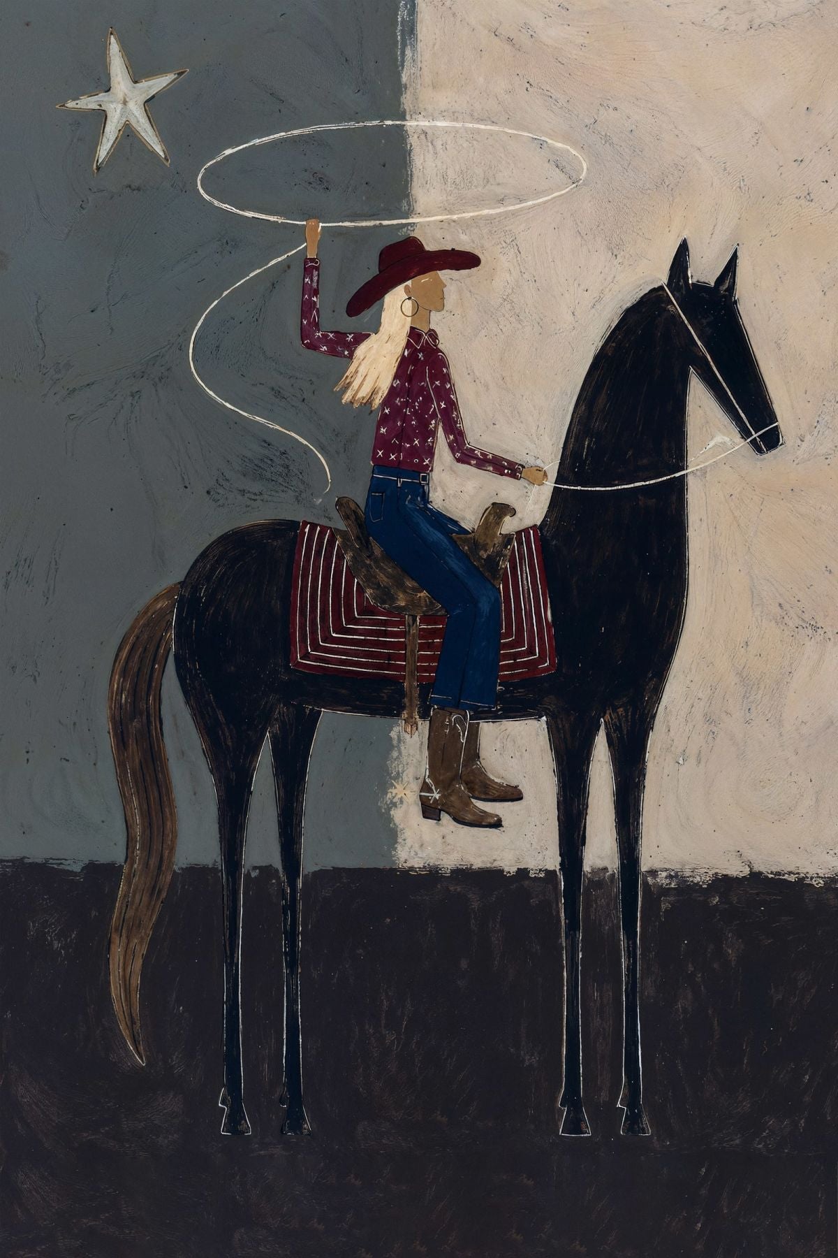Cowgirl with Lasso on Horseback