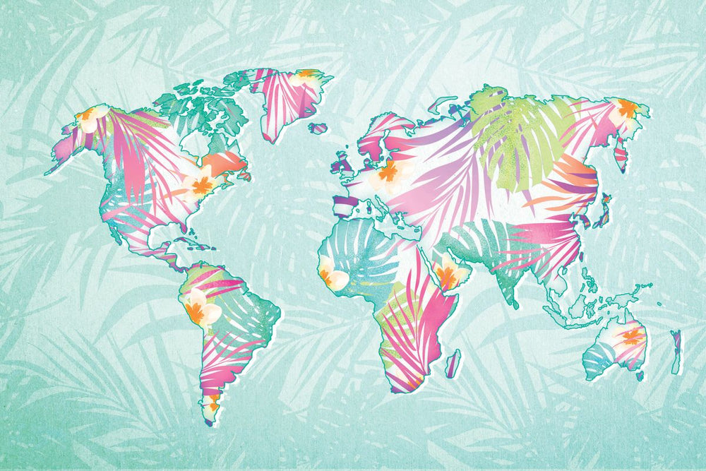 Pastel Tropical Leaves World Map