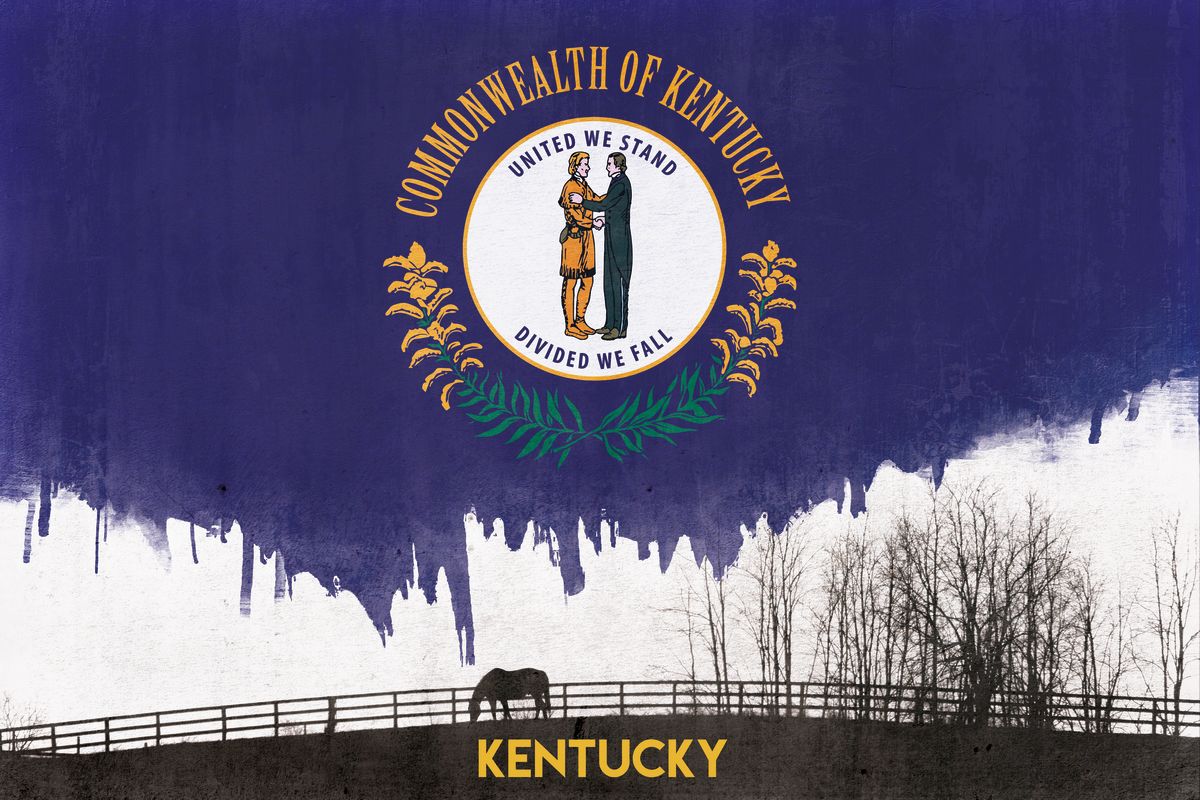 Kentucky Flag Over Farm Silhouette