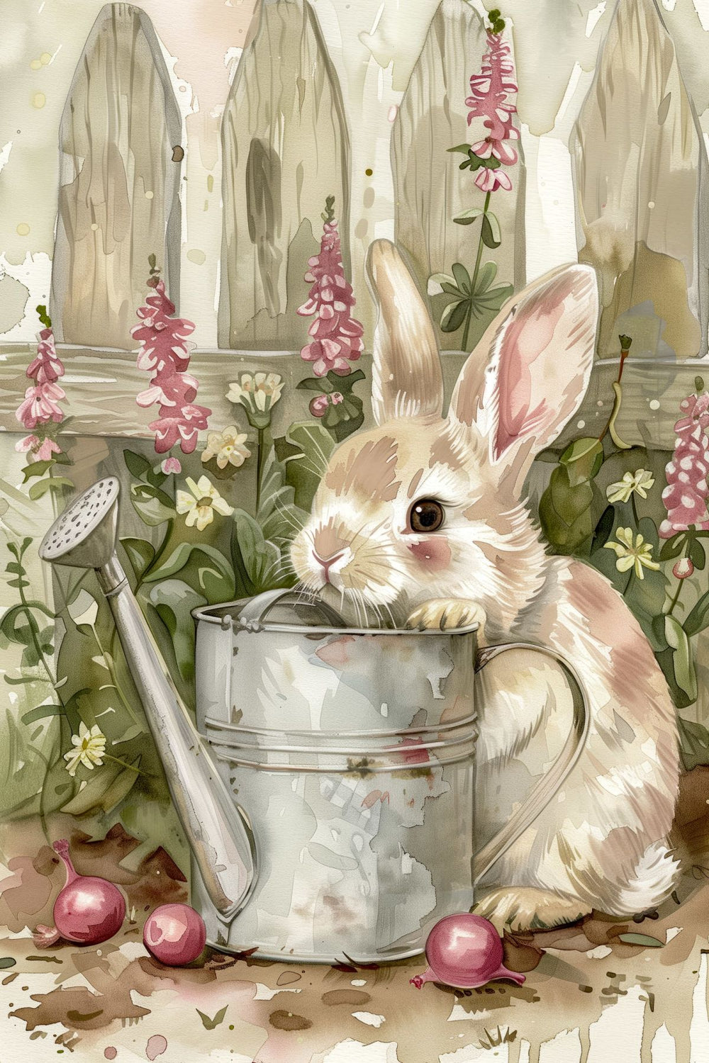 Garden Bunny in Watering Can Watercolor