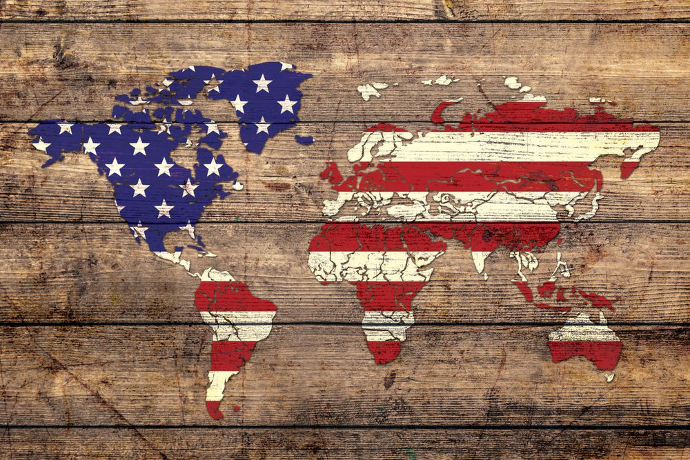 US Flag World Map On Wood