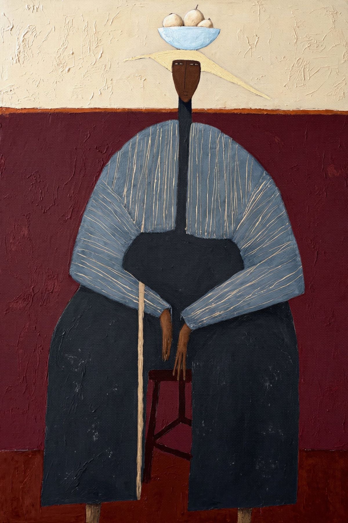 Robed Figure Balancing a Fruit Bowl