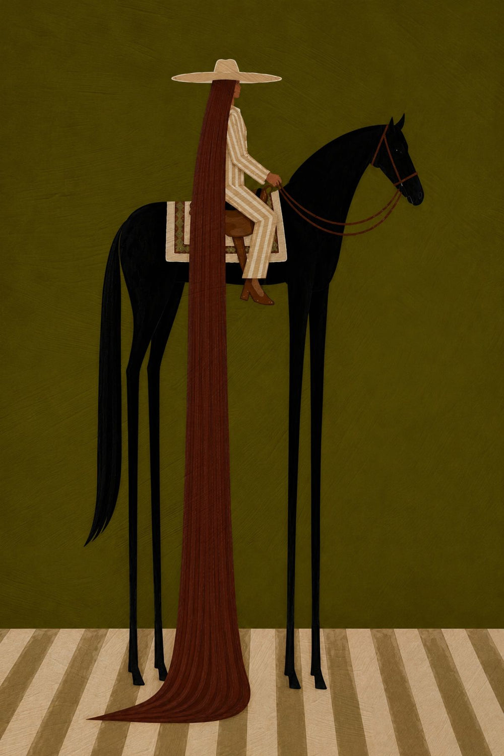 Rider with Flowing Red Hair on Black Horse