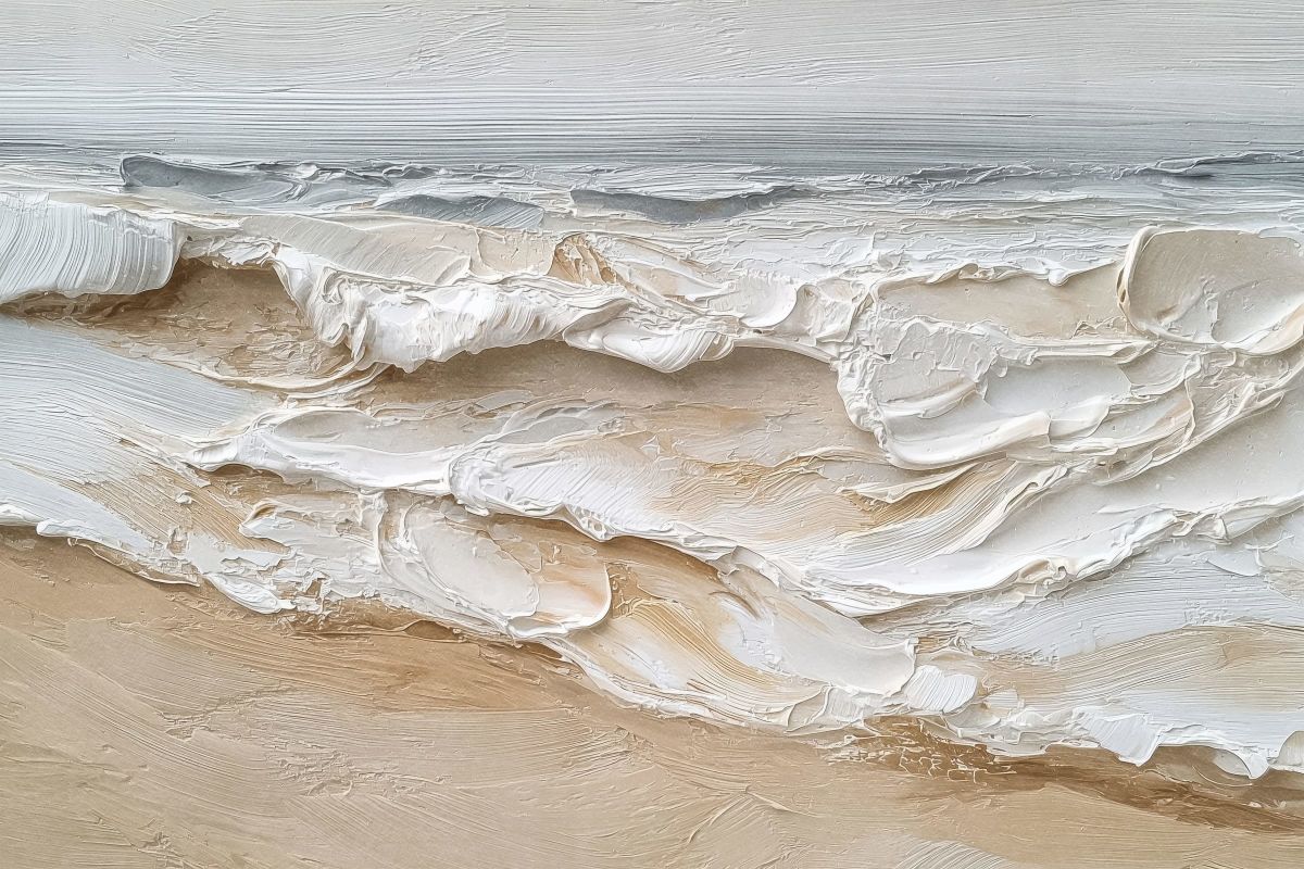 Textured White Wave Beach Oil Painting